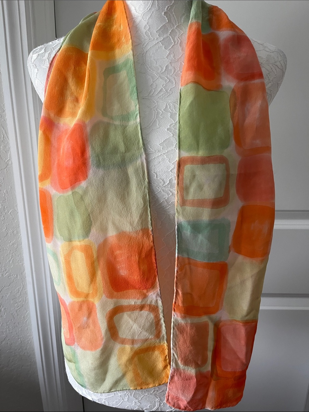 Silk Abstract Geo VTG Scarf in Orange & Green Rolled Hem